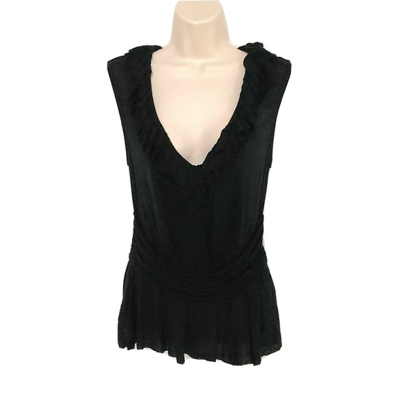 Kenneth Cole New York Tank Top SZ Small Black Tencel Vneck Ruffle Shirt Blouse - Picture 1 of 5